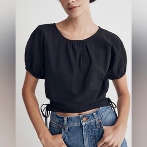 Madewell Poplin Puff-Sleeve Cutout Crop Top - Black - Large